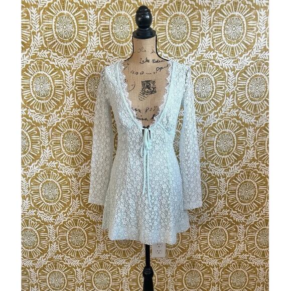 (S) NWT Free People Petra Lace Long Sleeve Mini Dress Billowing Sail Mint - Picture 8 of 8